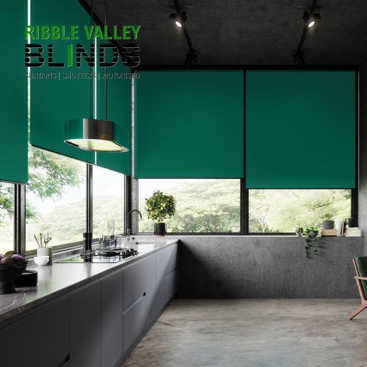 Modern green roller blinds installed in a luxury Ribble Valley kitchen